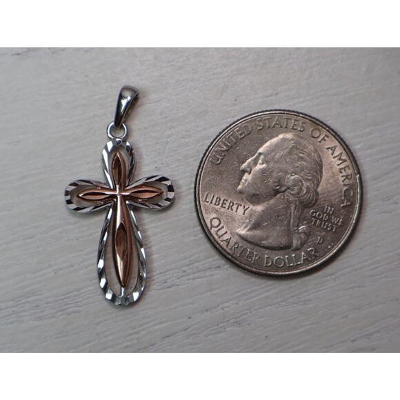 14k Rose & White Gold Cross Pendant 1.4G / 1.2in - Picture 3 of 4